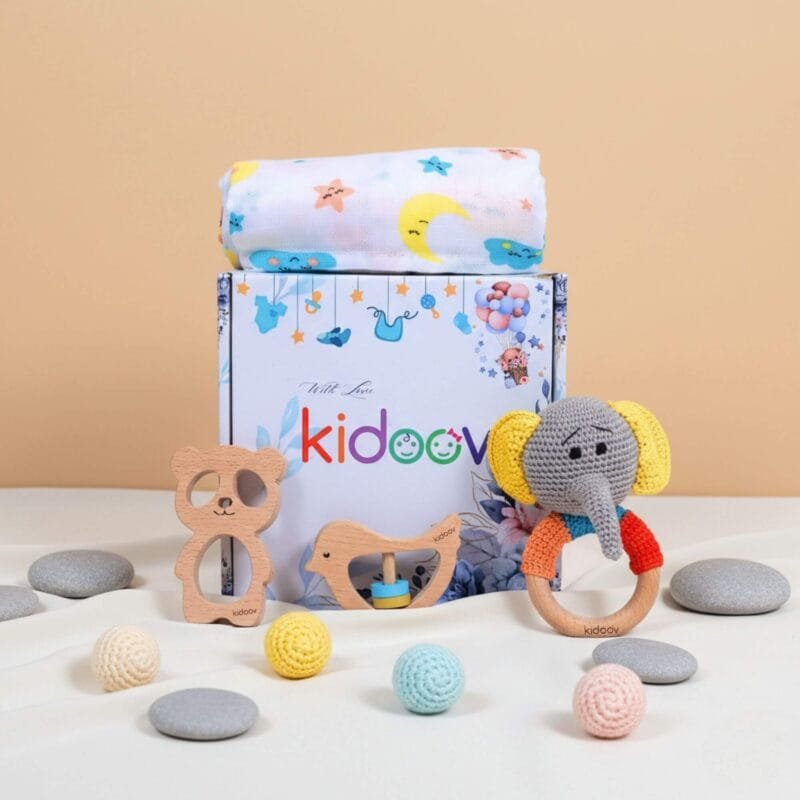 Hello World Baby Gift Set - Crochet Rattle, Wooden Teethers & Cotton Towel | Mixed Teether Gift Set | 0-12 Months