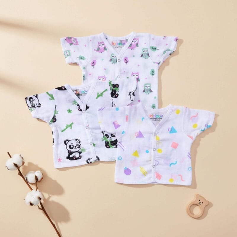 Organic cotton muslin jabla button half sleeve tops for babies set of 3